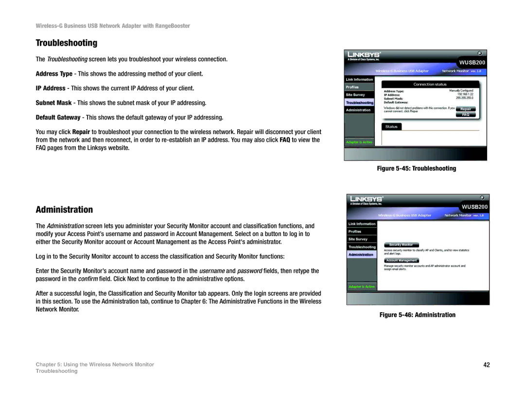 Linksys WUSB200 manual Troubleshooting, Administration 