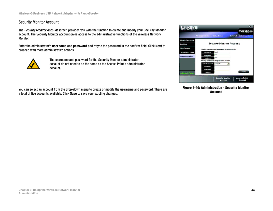 Linksys WUSB200 manual Administration Security Monitor Account 