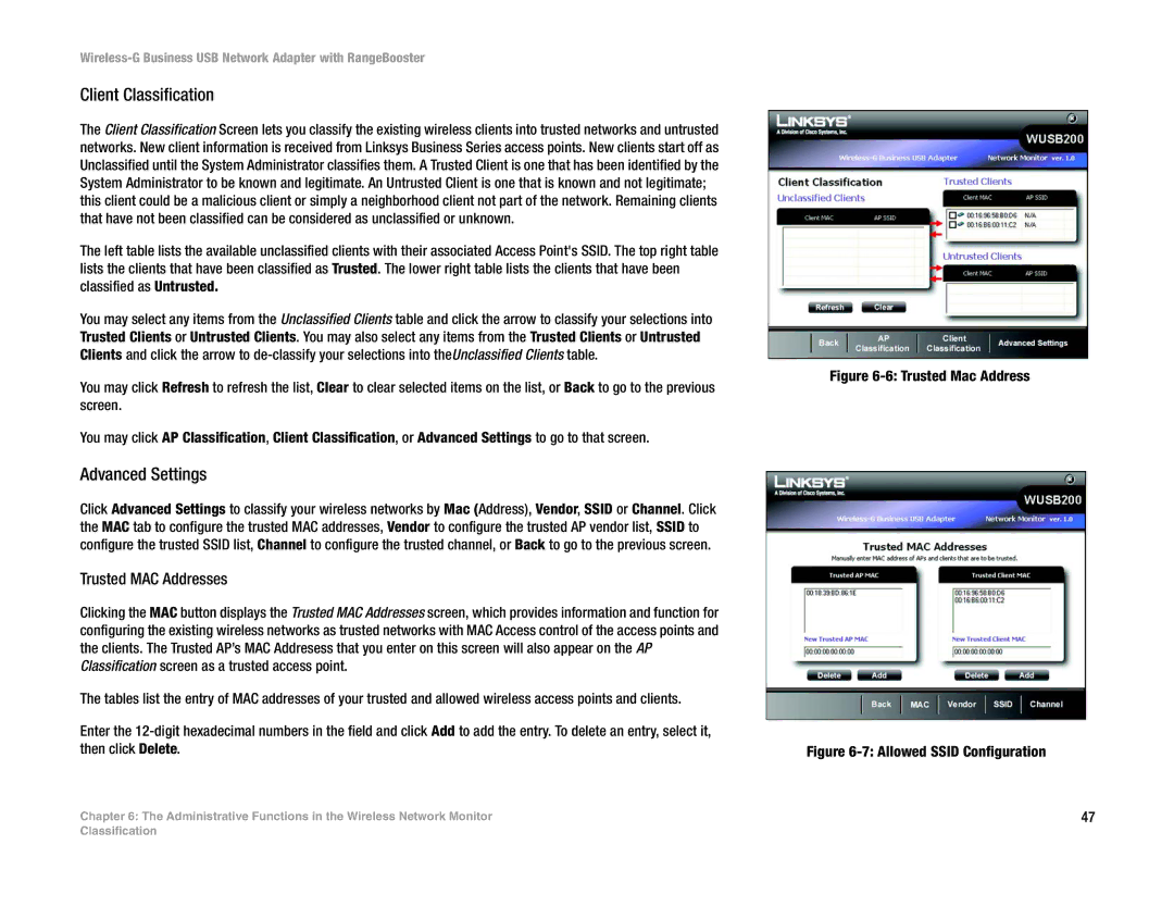 Linksys WUSB200 manual Advanced Settings, Trusted MAC Addresses 