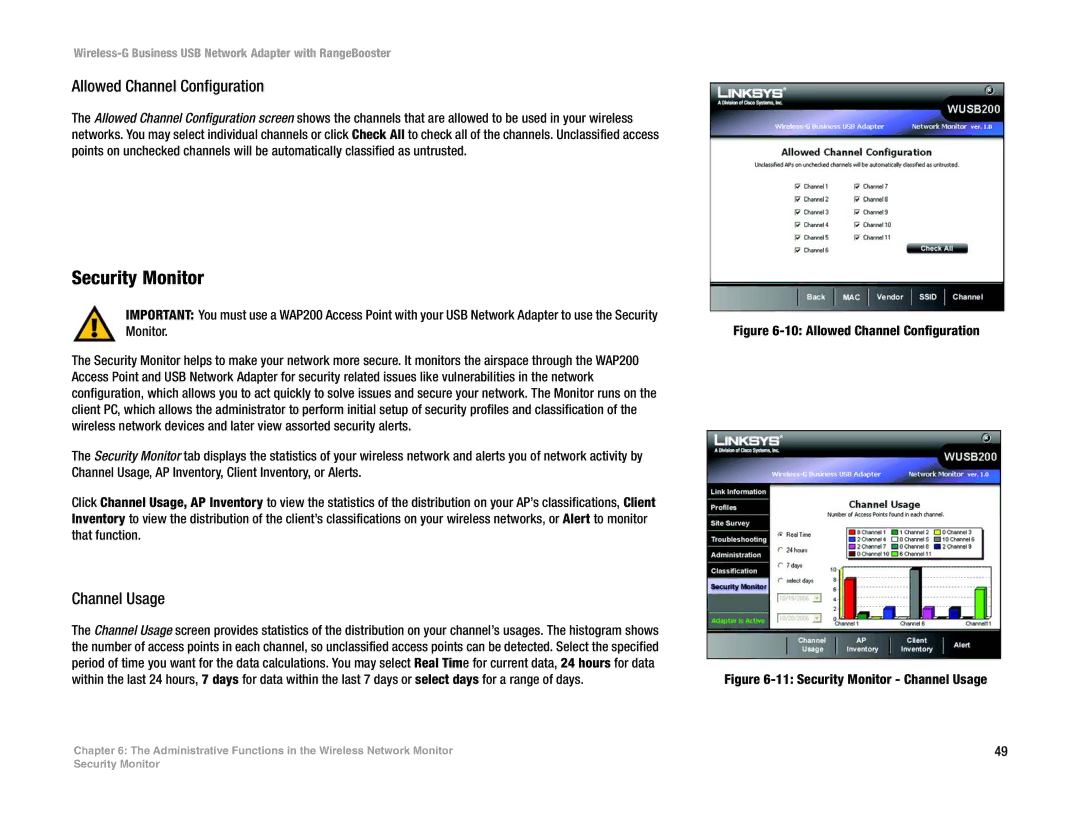 Linksys WUSB200 manual Security Monitor, Allowed Channel Configuration, Channel Usage 