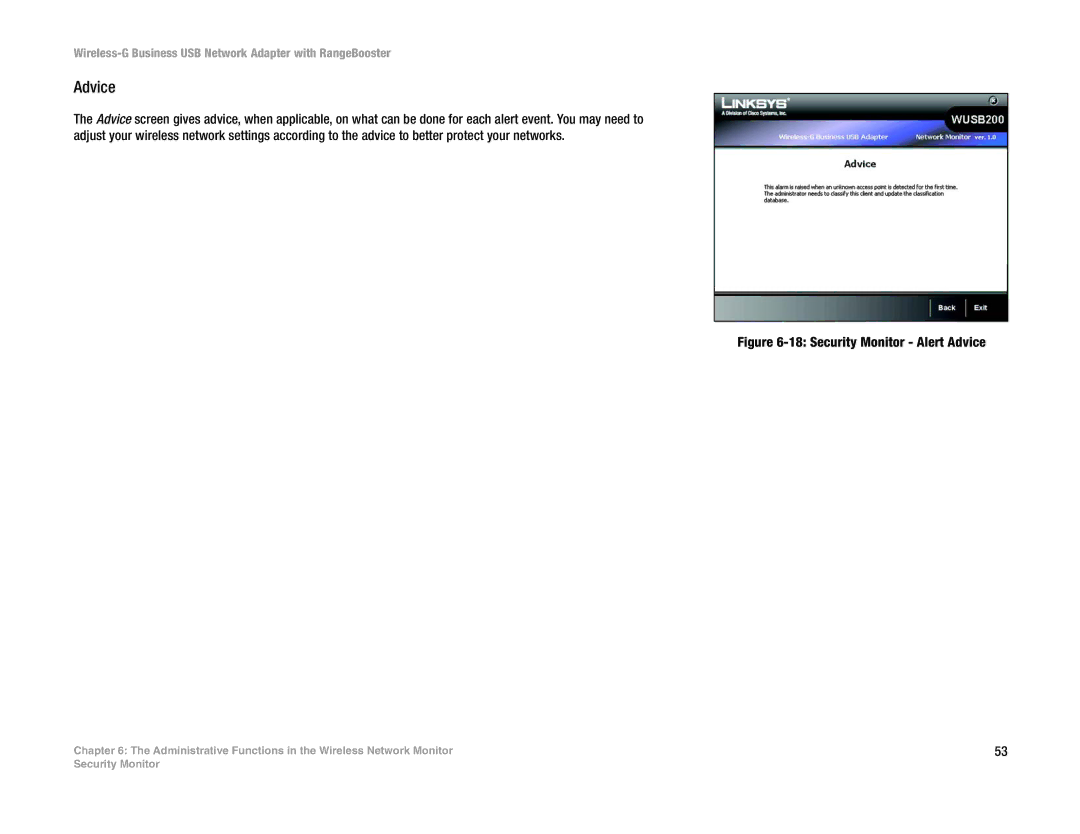 Linksys WUSB200 manual Security Monitor Alert Advice 
