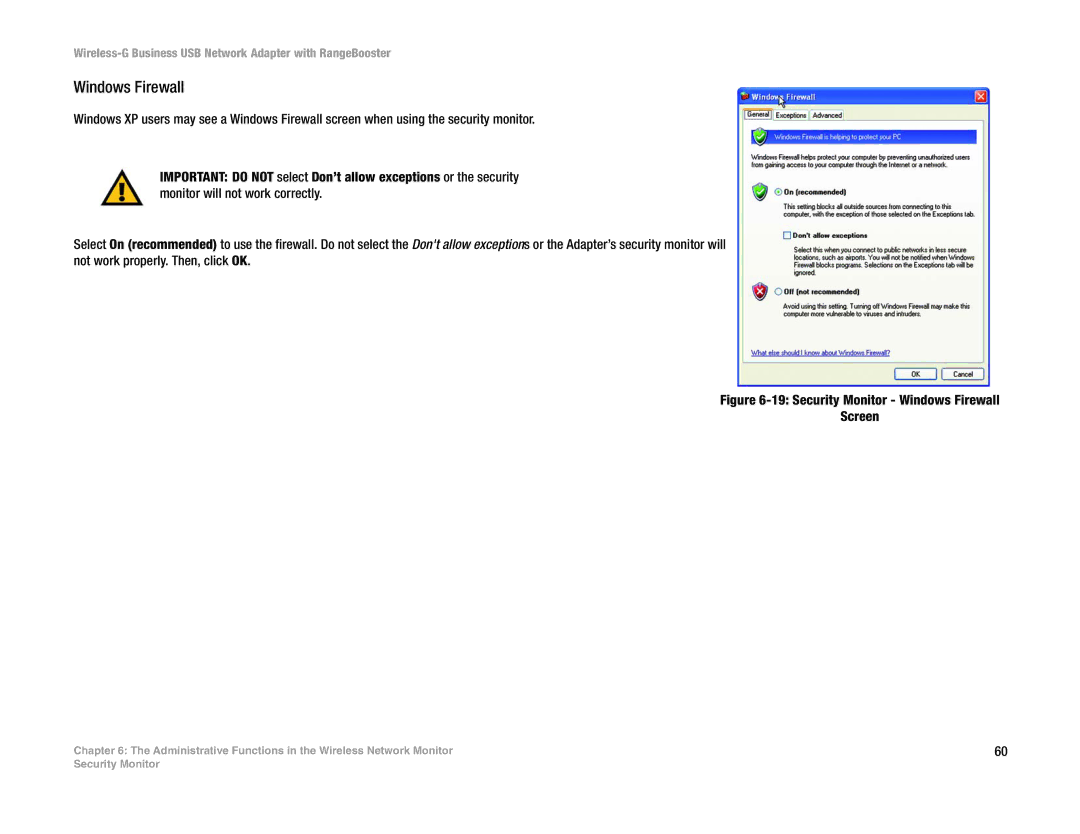 Linksys WUSB200 manual Security Monitor Windows Firewall Screen 