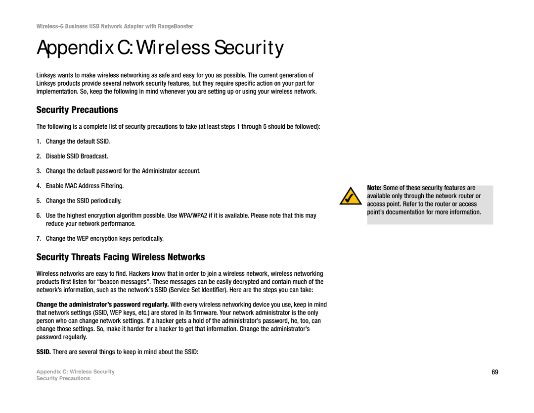 Linksys WUSB200 manual Appendix C Wireless Security, Security Precautions, Security Threats Facing Wireless Networks 