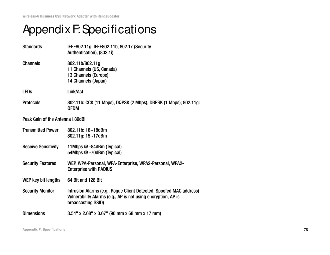 Linksys WUSB200 manual Appendix F Specifications 