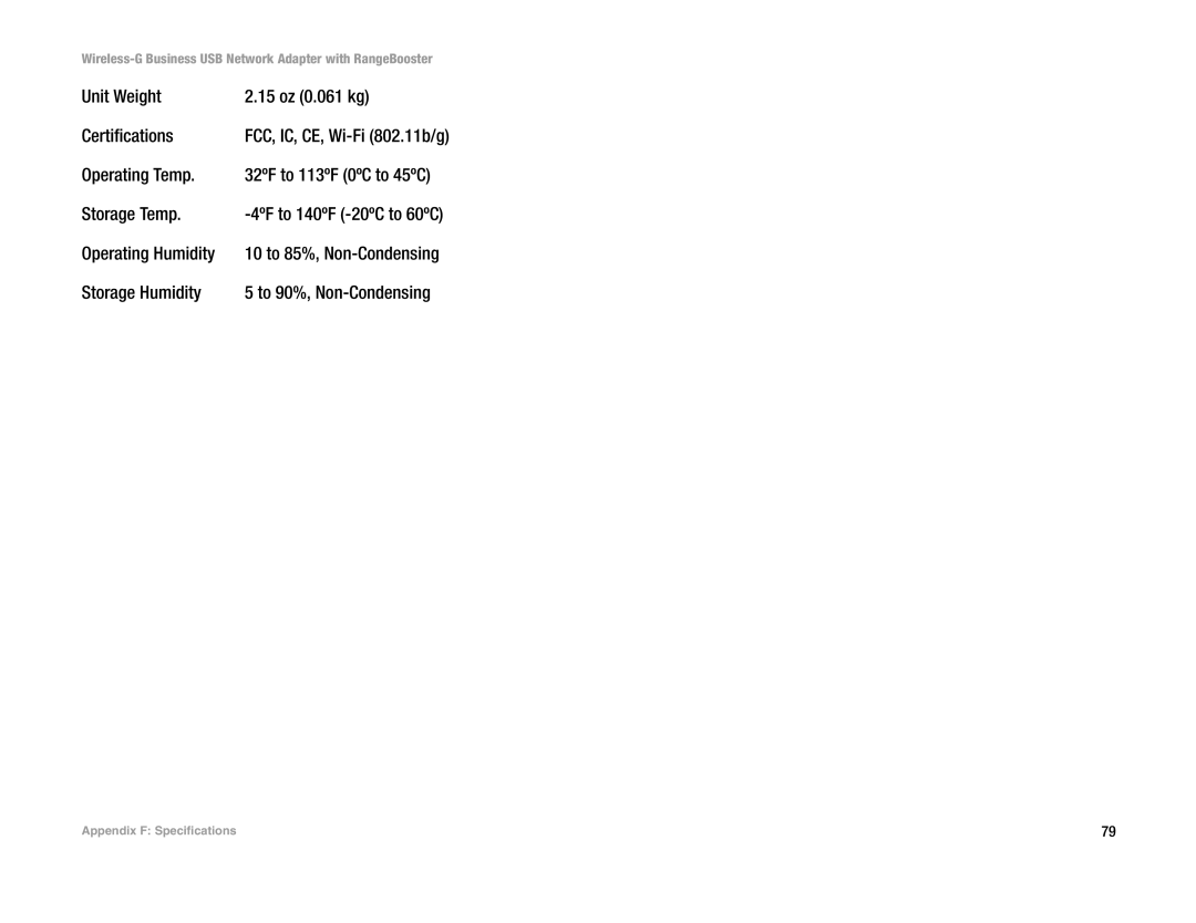 Linksys WUSB200 manual Unit Weight 15 oz 0.061 kg Certifications, Operating Temp, Storage Temp, Operating Humidity 