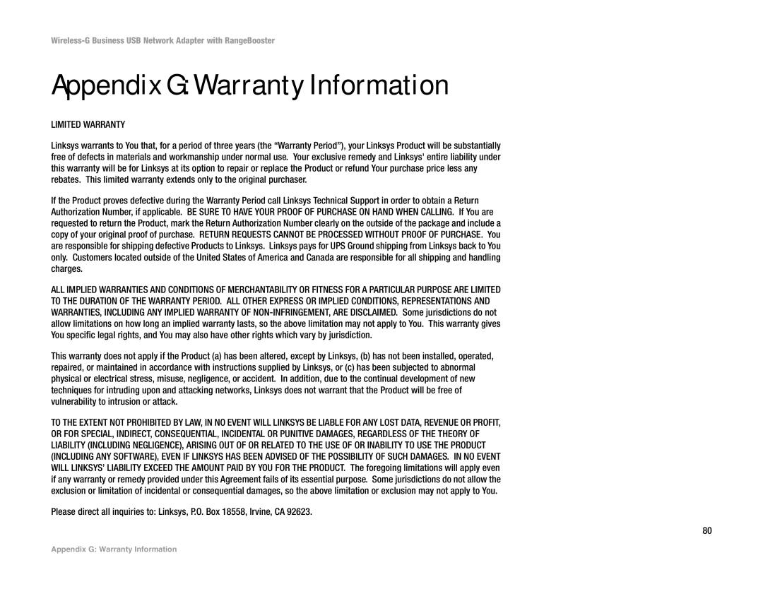 Linksys WUSB200 manual Appendix G Warranty Information, Limited Warranty 