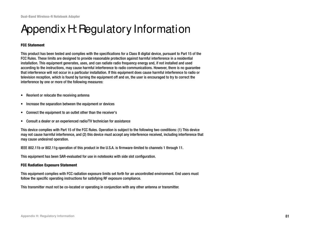 Linksys WUSB200 manual Appendix H Regulatory Information, FCC Statement 