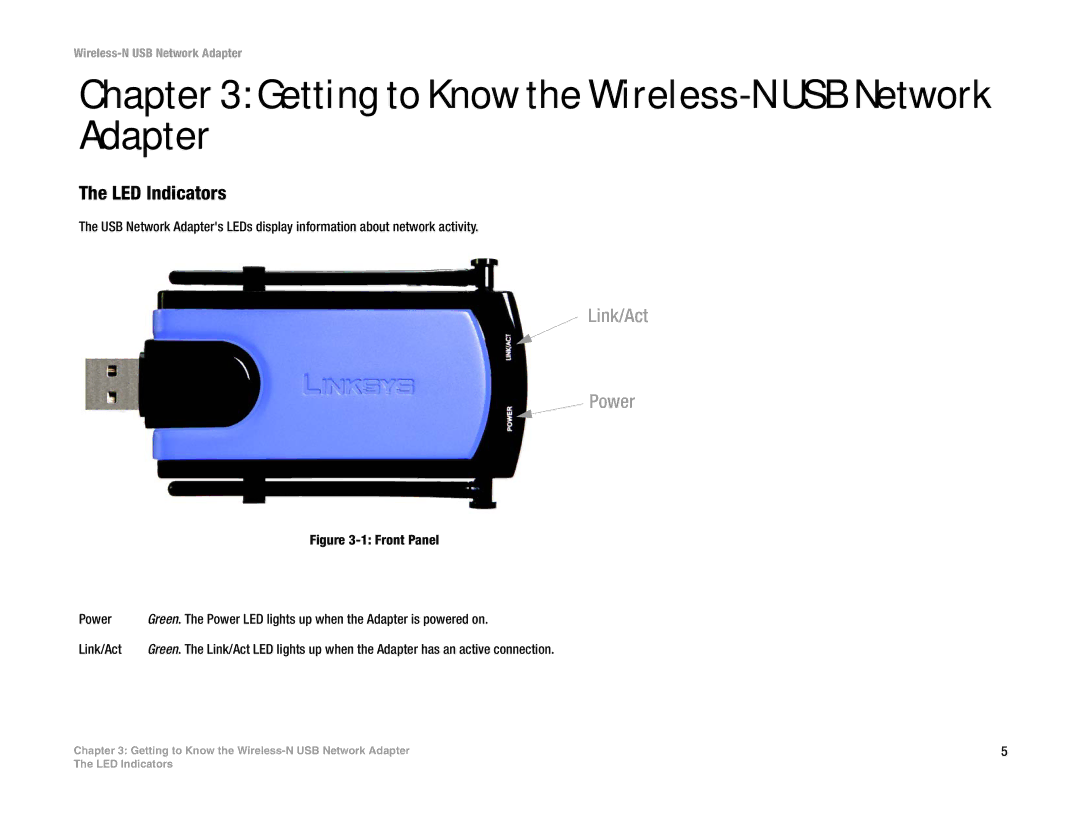 Linksys WUSB300N manual Getting to Know the Wireless-N USB Network Adapter, LED Indicators 