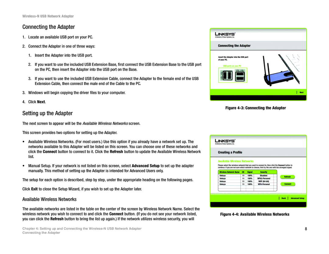 Linksys WUSB300N manual Connecting the Adapter, Setting up the Adapter 