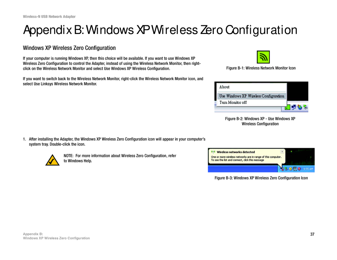 Linksys WUSB300N manual Appendix B Windows XP Wireless Zero Configuration 