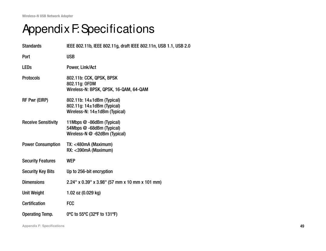 Linksys WUSB300N manual Appendix F Specifications, Usb 