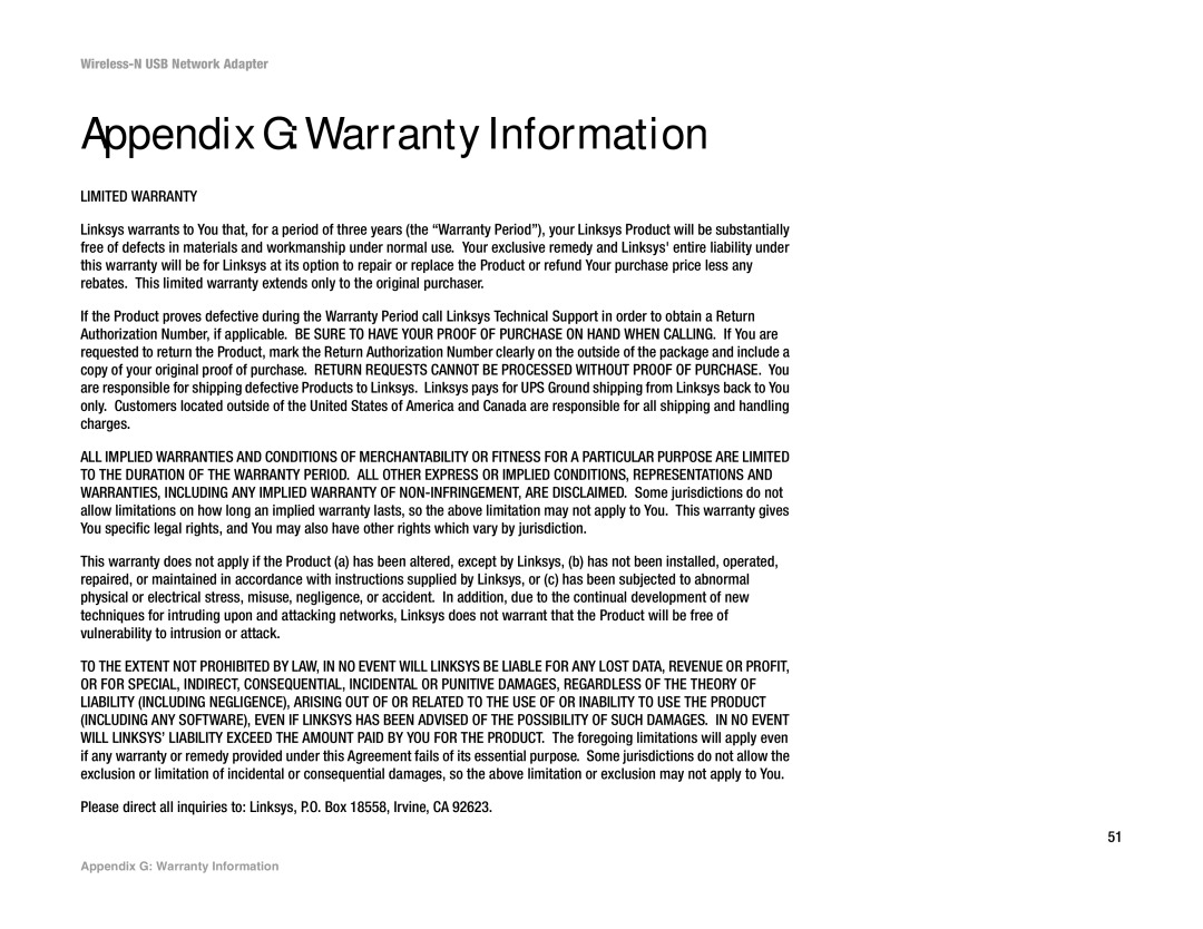 Linksys WUSB300N manual Appendix G Warranty Information, Limited Warranty 