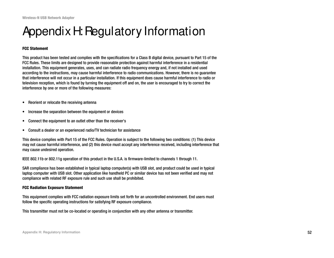 Linksys WUSB300N manual Appendix H Regulatory Information, FCC Statement 