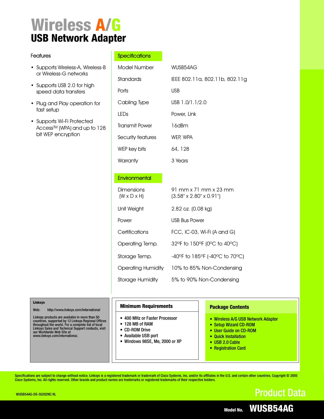Linksys WUSB54AG manual Wireless A/G, USB Network Adapter, Features, Specifications, Environmental 