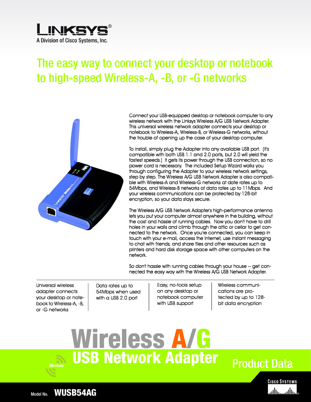 Linksys WUSB54AG manual Wireless A/G, USB Network Adapter Product Data 