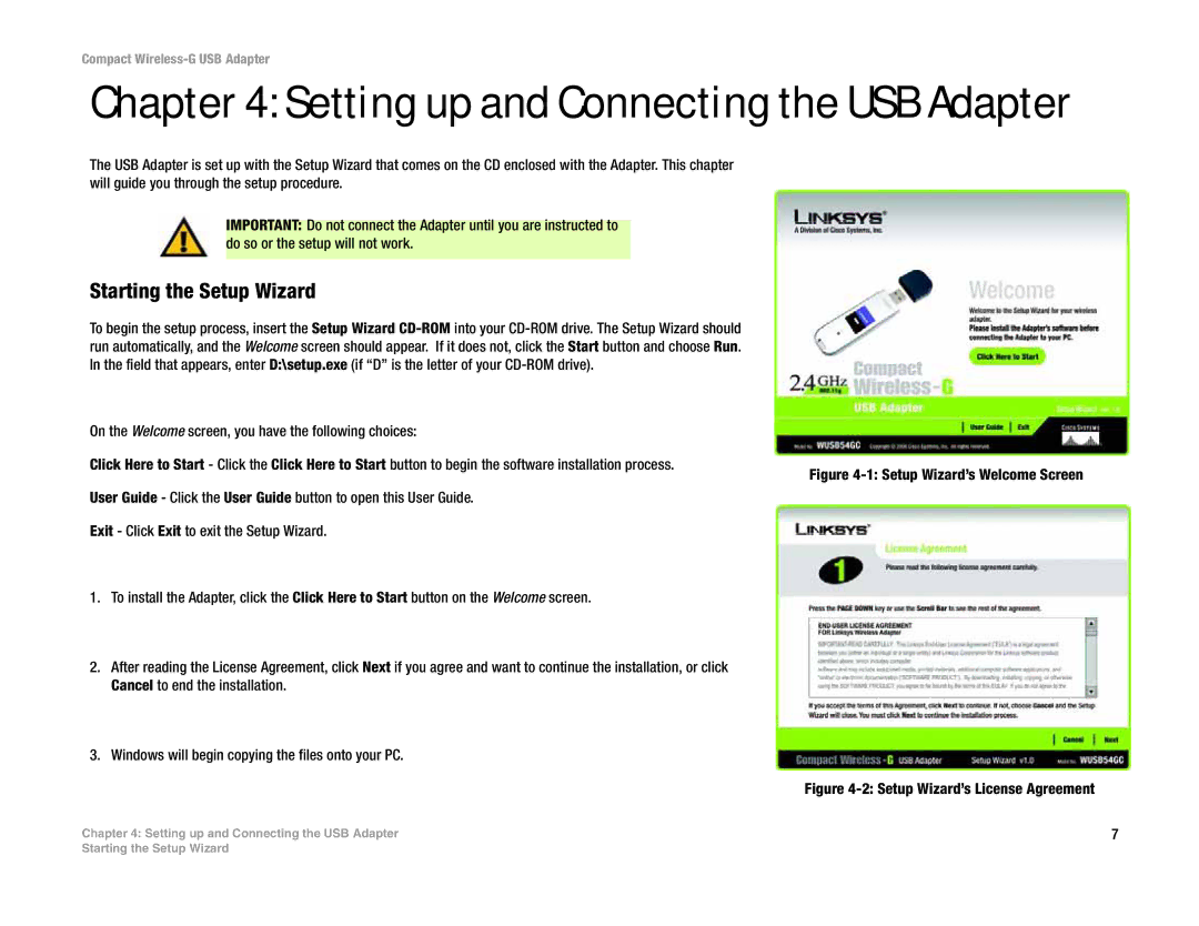 Linksys WUSB54GC manual Setting up and Connecting the USB Adapter, Starting the Setup Wizard 