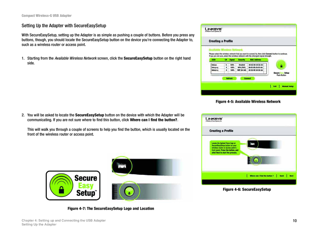 Linksys WUSB54GC manual Setting Up the Adapter with SecureEasySetup, SecureEasySetup Logo and Location 