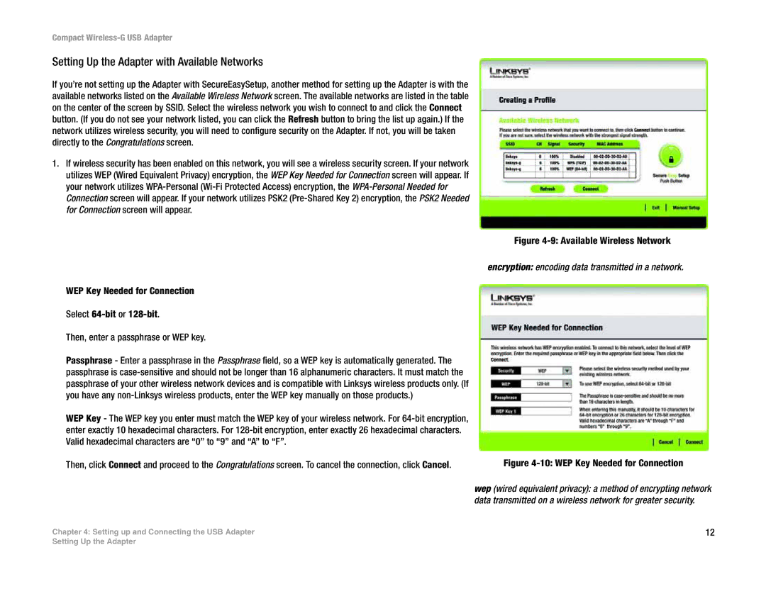 Linksys WUSB54GC manual Setting Up the Adapter with Available Networks, Encryption encoding data transmitted in a network 