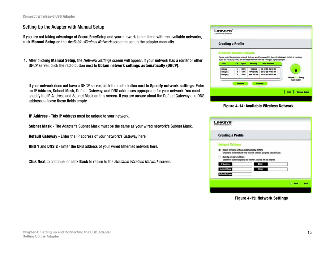 Linksys WUSB54GC manual Setting Up the Adapter with Manual Setup, Network Settings 