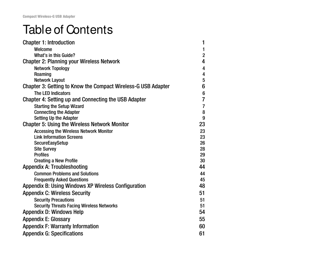 Linksys WUSB54GC manual Table of Contents 