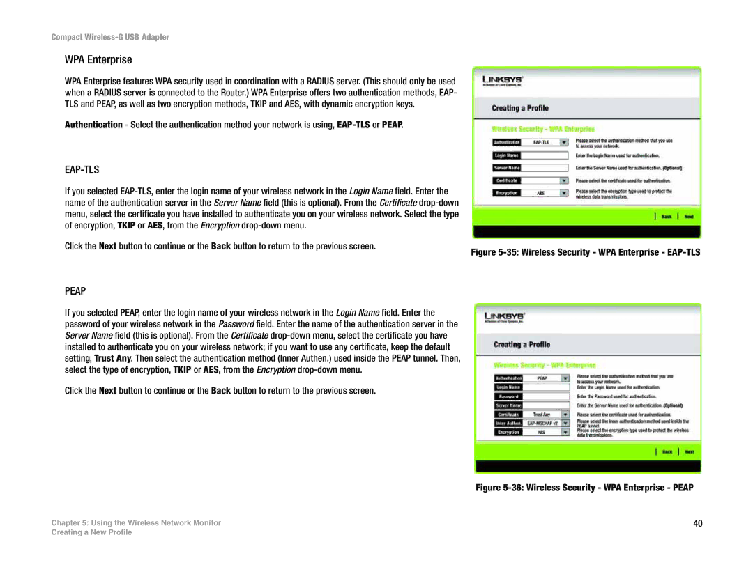 Linksys WUSB54GC manual Wireless Security WPA Enterprise EAP-TLS 