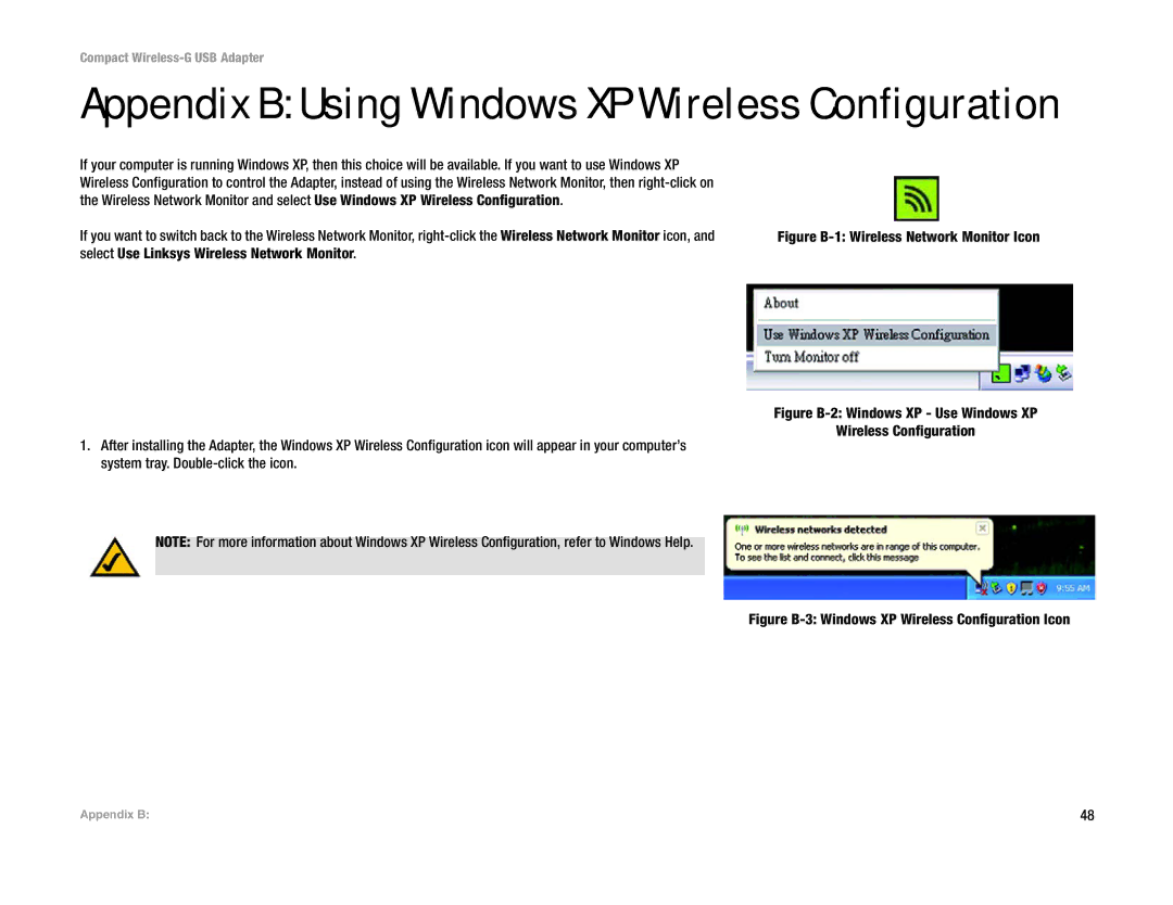 Linksys WUSB54GC manual Appendix B Using Windows XP Wireless Configuration, Figure B-1 Wireless Network Monitor Icon 