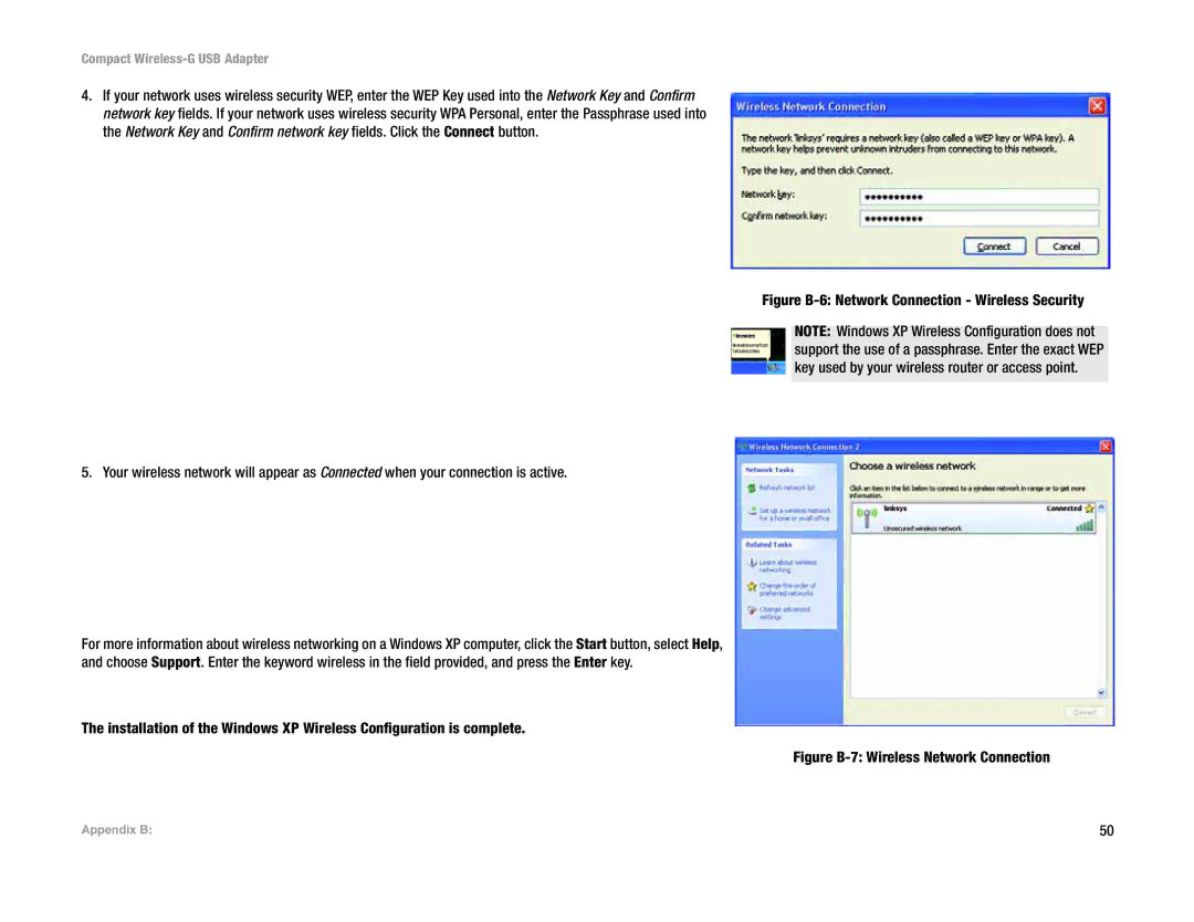Linksys WUSB54GC manual Figure B-6 Network Connection Wireless Security 