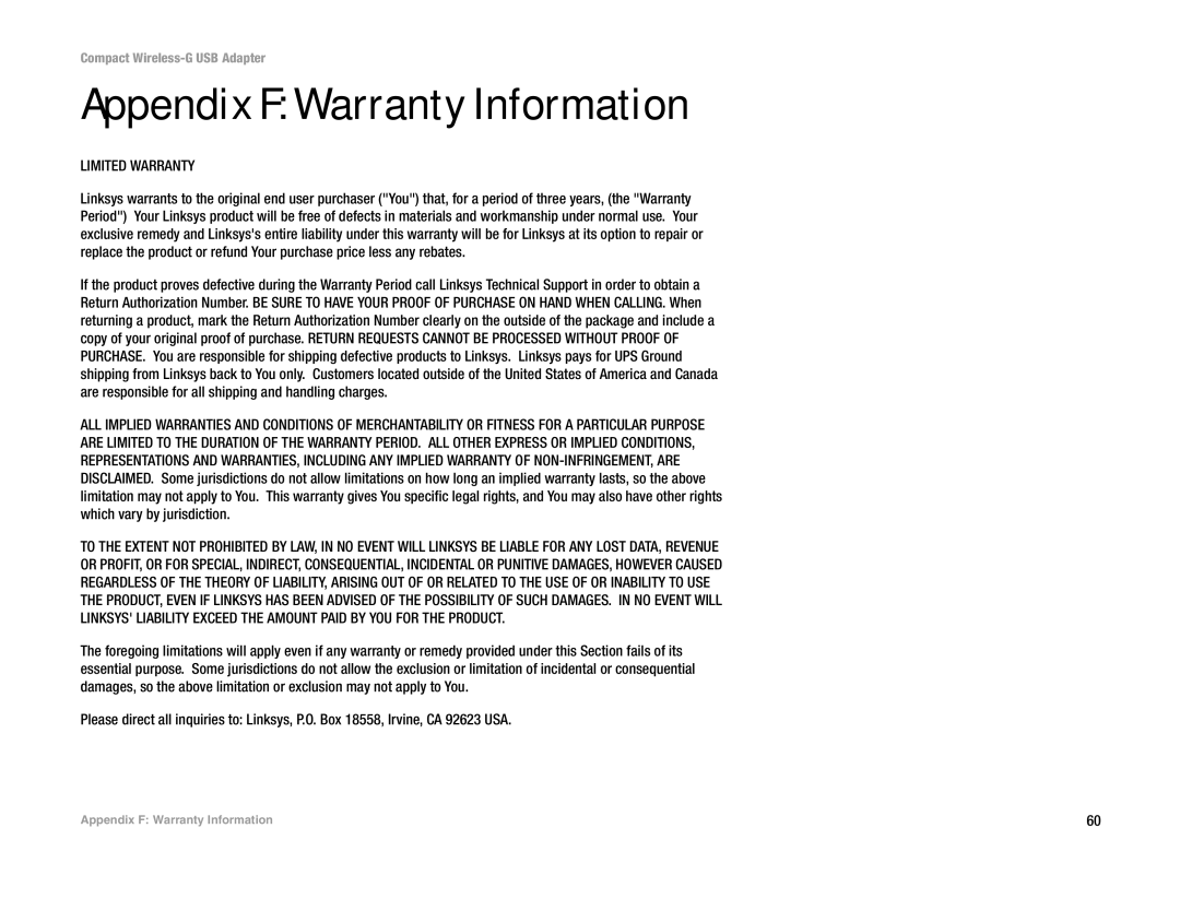 Linksys WUSB54GC manual Appendix F Warranty Information, Limited Warranty 