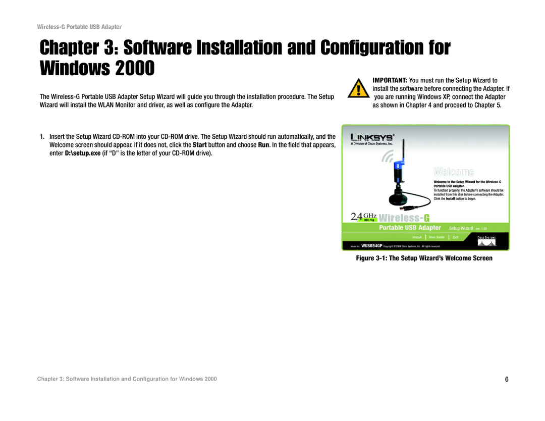 Linksys WUSB54GP manual Software Installation and Configuration for Windows, Setup Wizard’s Welcome Screen 