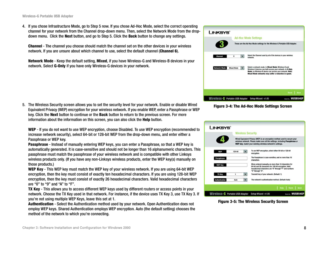 Linksys WUSB54GP manual Ad-Hoc Mode Settings Screen 