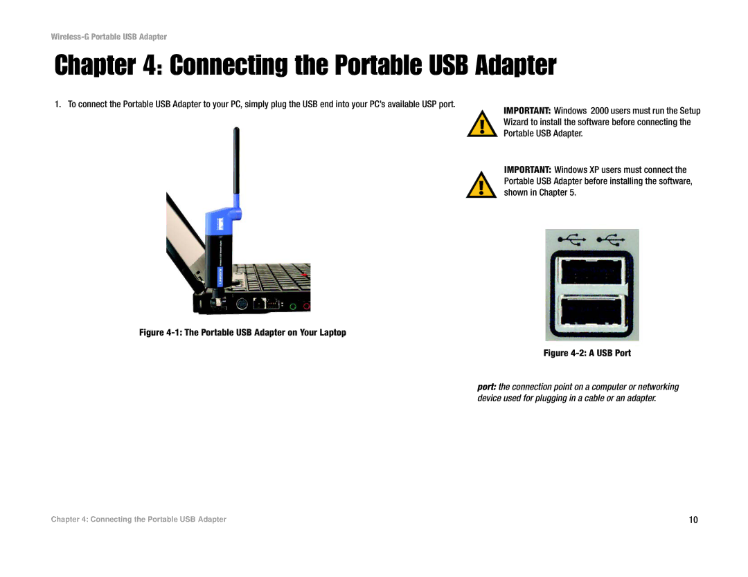 Linksys WUSB54GP manual Connecting the Portable USB Adapter, A USB Port 