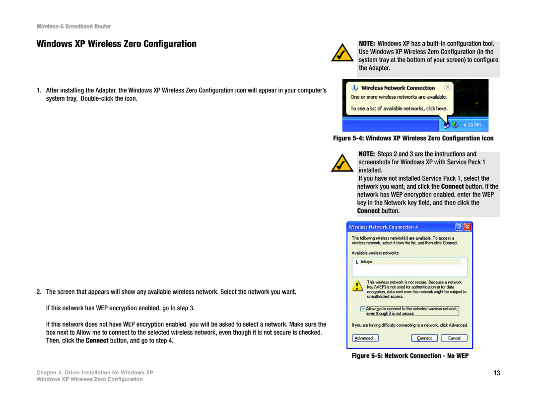 Linksys WUSB54GP manual Windows XP Wireless Zero Configuration, Network Connection No WEP 