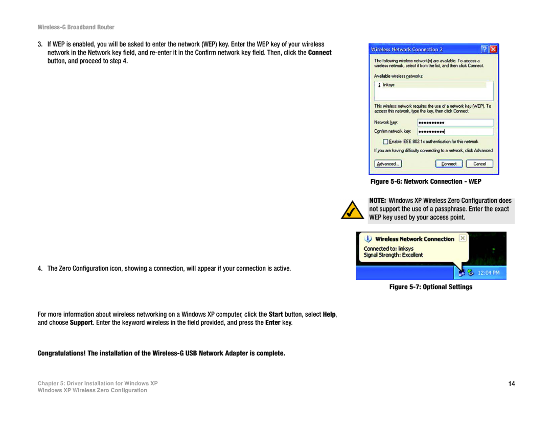 Linksys WUSB54GP manual Network Connection WEP 