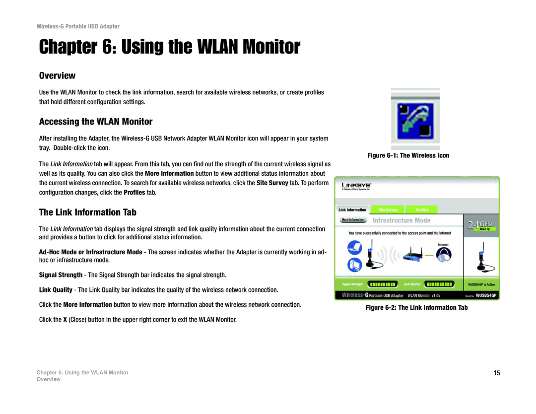 Linksys WUSB54GP manual Using the Wlan Monitor, Overview, Accessing the Wlan Monitor, Link Information Tab 