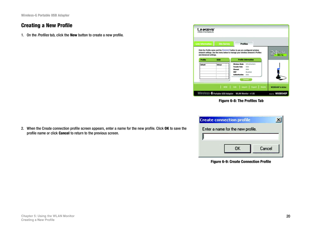 Linksys WUSB54GP manual Creating a New Profile, Create Connection Profile 