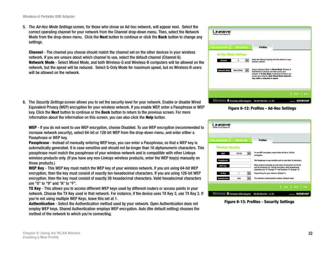 Linksys WUSB54GP manual Profiles Ad-Hoc Settings 