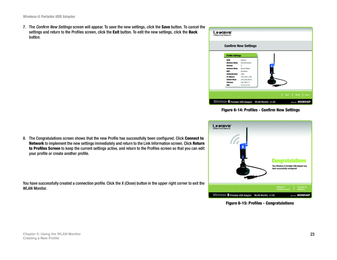 Linksys WUSB54GP manual Profiles Confirm New Settings 