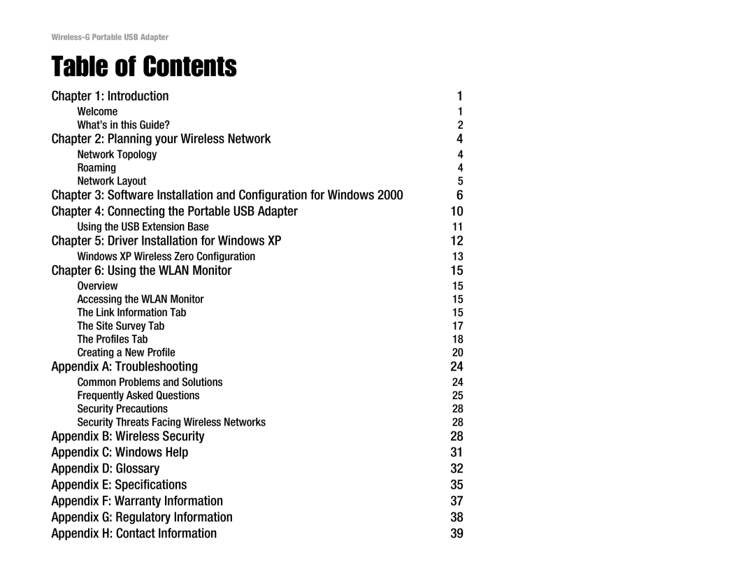 Linksys WUSB54GP manual Table of Contents 