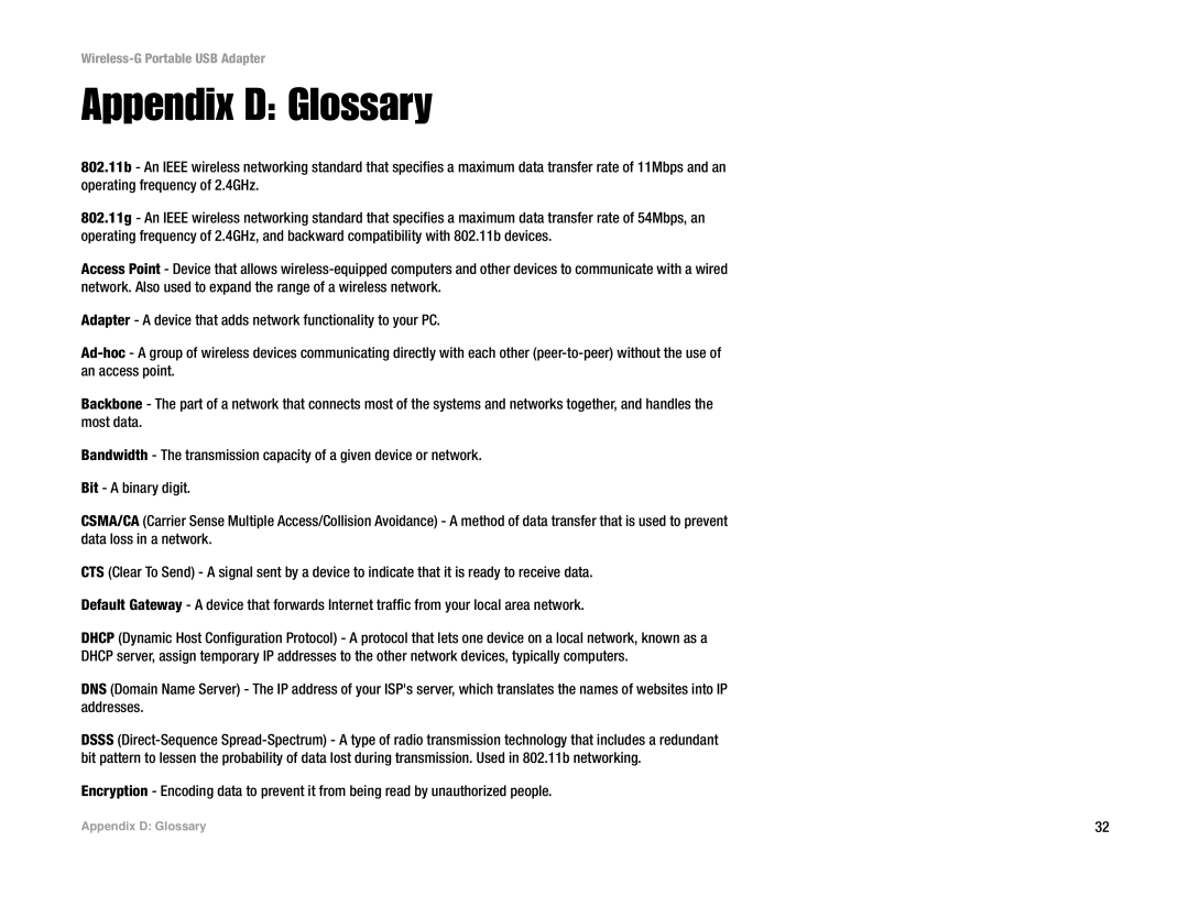 Linksys WUSB54GP manual Appendix D Glossary 