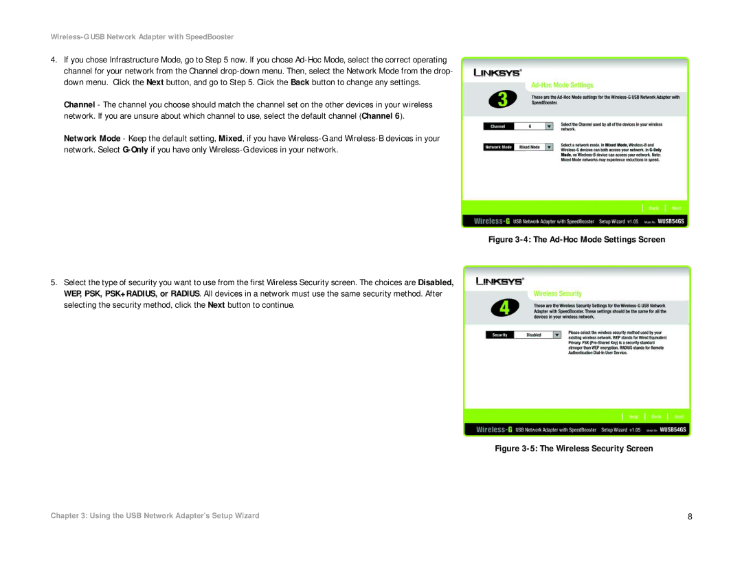 Linksys WUSB54GS manual Wireless Security Screen 
