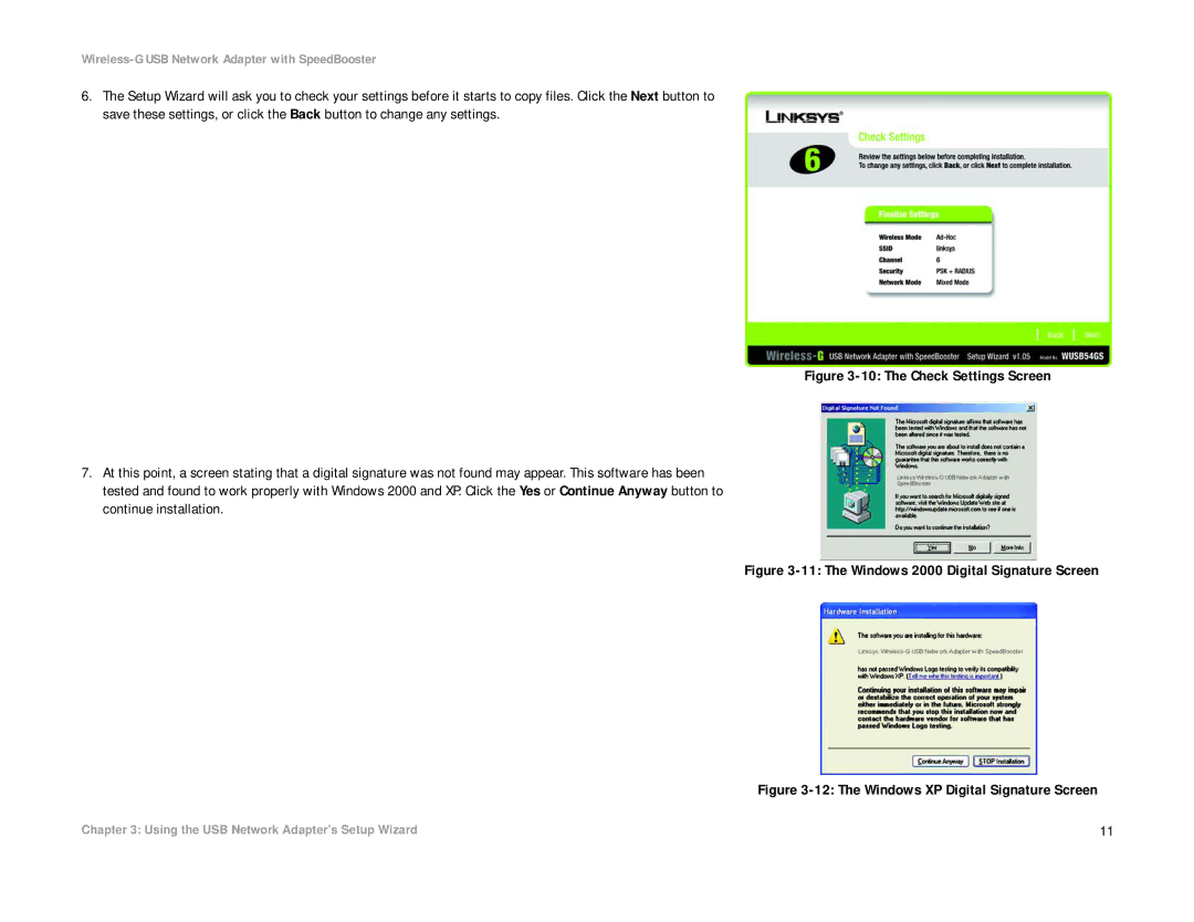 Linksys WUSB54GS manual The Check Settings Screen 