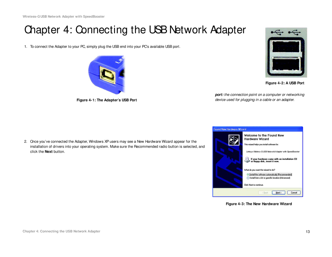 Linksys WUSB54GS manual Connecting the USB Network Adapter, A USB Port 