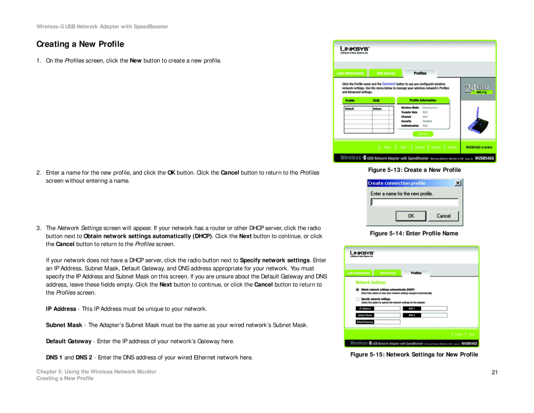 Linksys WUSB54GS manual Creating a New Profile, Create a New Profile 