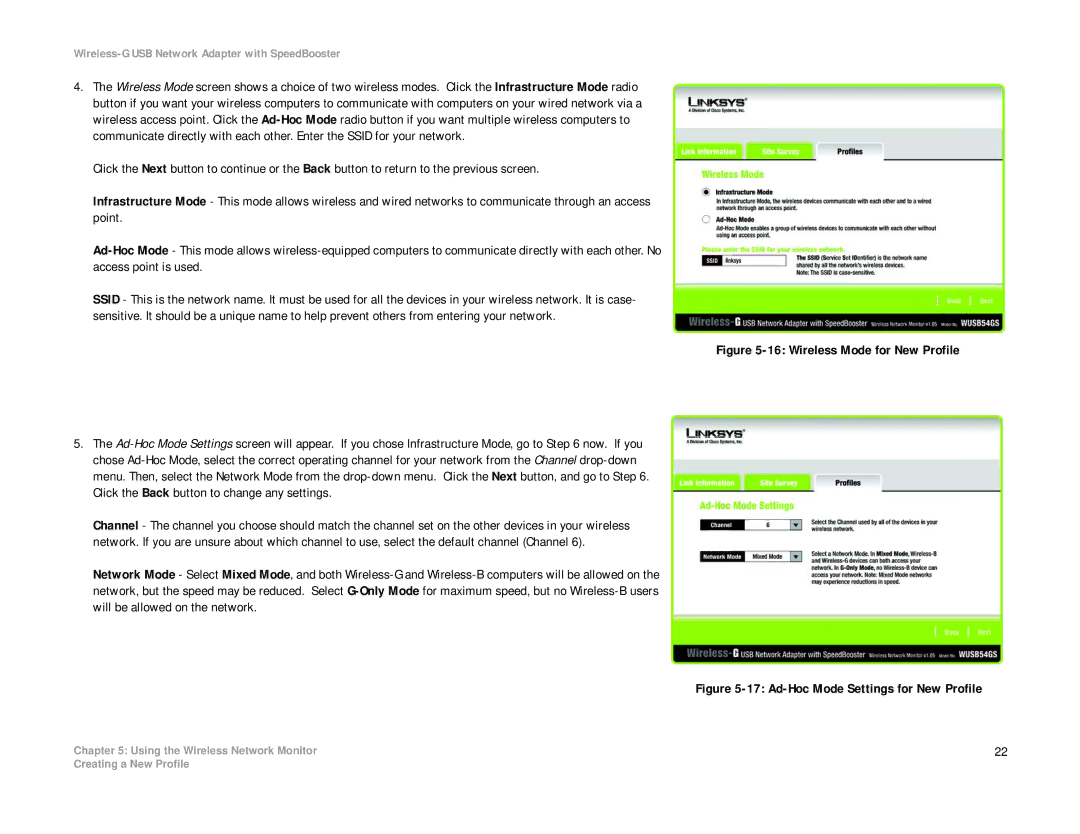 Linksys WUSB54GS manual Ad-Hoc Mode Settings for New Profile 