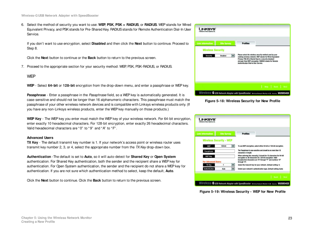 Linksys WUSB54GS manual Wep, Wireless Security for New Profile 