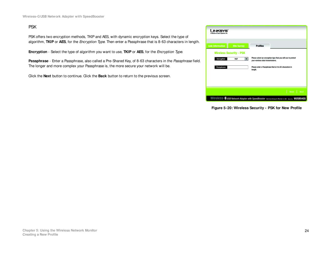 Linksys WUSB54GS manual Psk, Wireless Security PSK for New Profile 