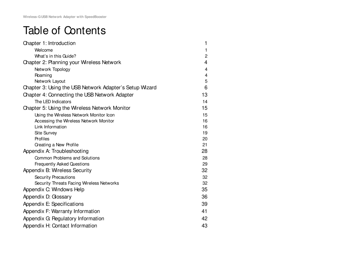 Linksys WUSB54GS manual Table of Contents 