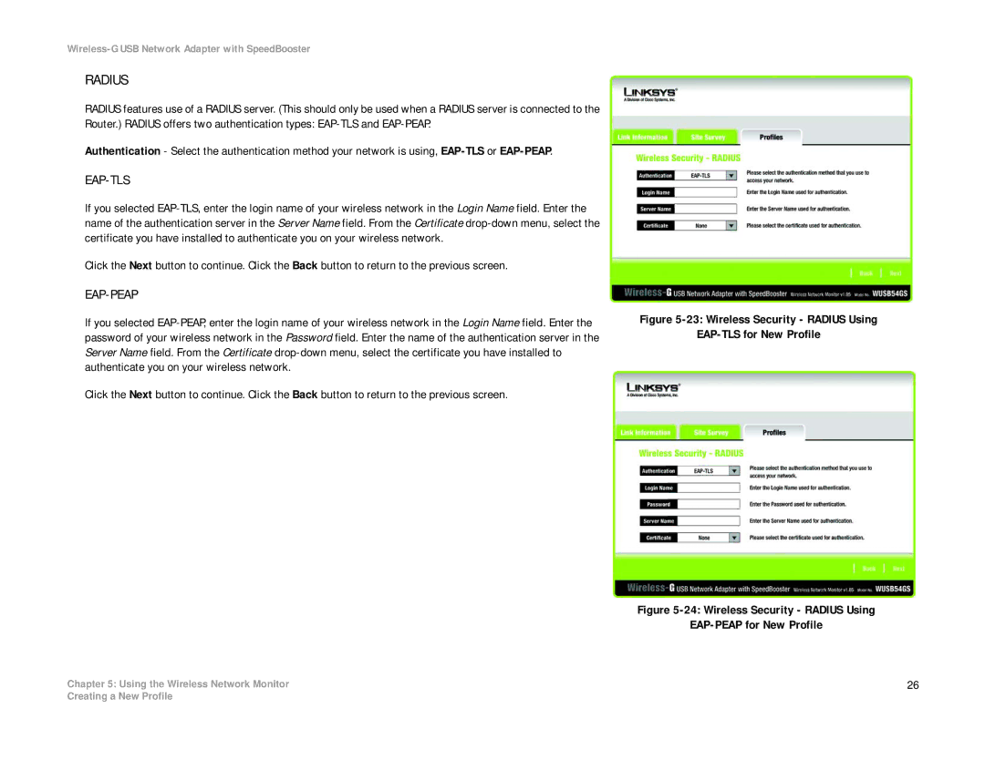 Linksys WUSB54GS manual Wireless Security Radius Using EAP-TLS for New Profile 