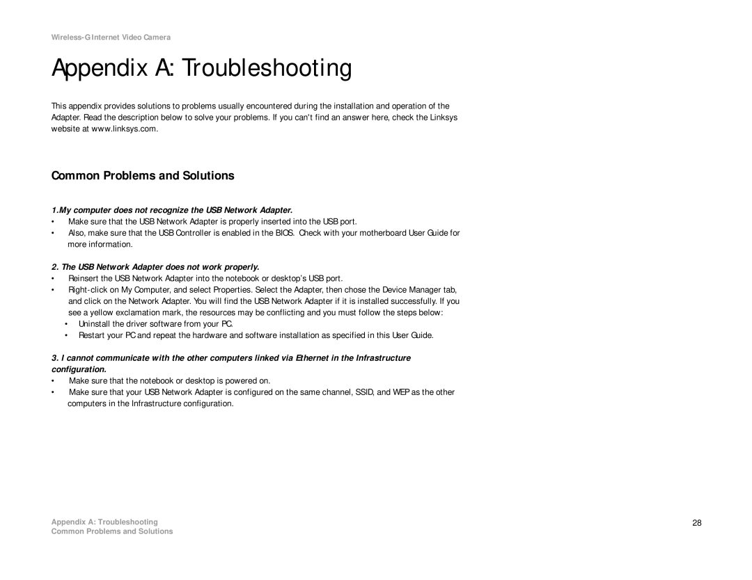 Linksys WUSB54GS Appendix a Troubleshooting, Common Problems and Solutions, USB Network Adapter does not work properly 