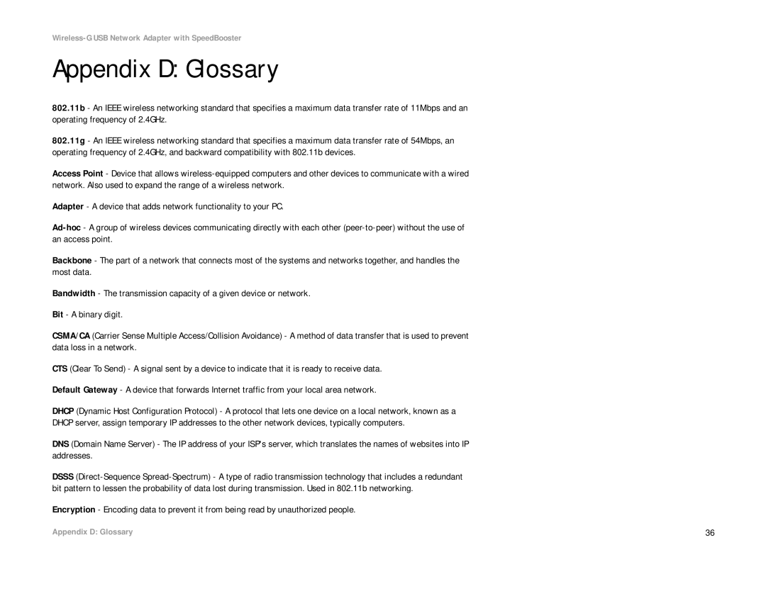 Linksys WUSB54GS manual Appendix D Glossary 